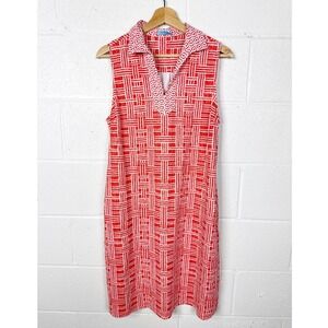 J McLaughlin Sleeveless Collared Dress Red White Geometric Print Women's‎ Large